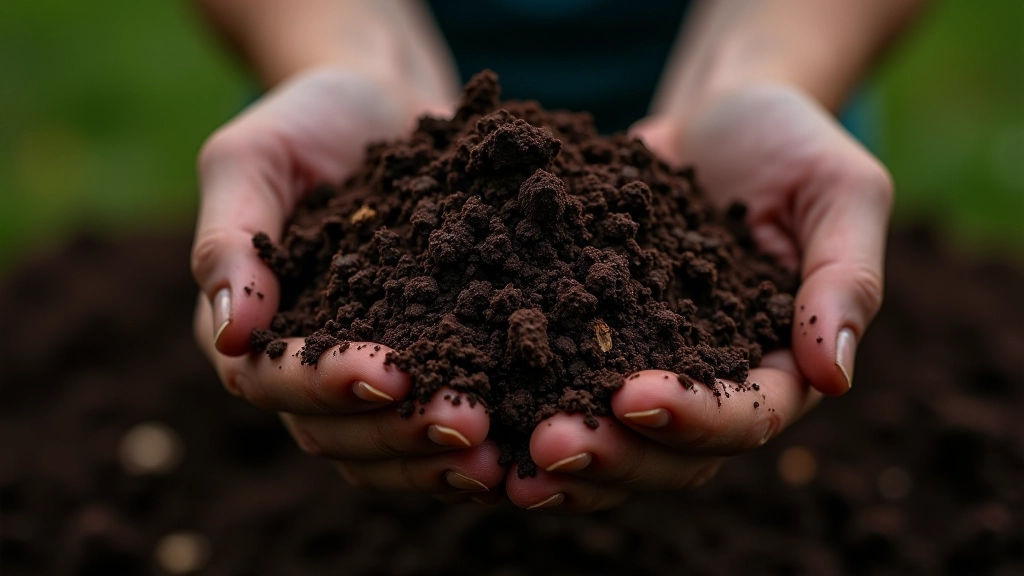 Rich dark garden soil with compost mixed in, showing texture and organic matter ready for planting vegetables