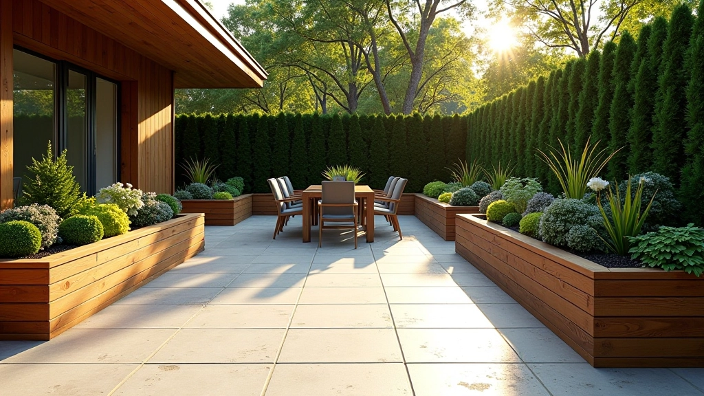 Modern patio with wooden deck, stone pavers, and raised garden beds planted with seasonal flowers