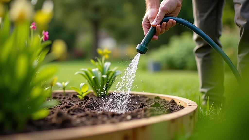 Person watering raised garden beds with hose, showing proper irrigation technique for vegetable plants