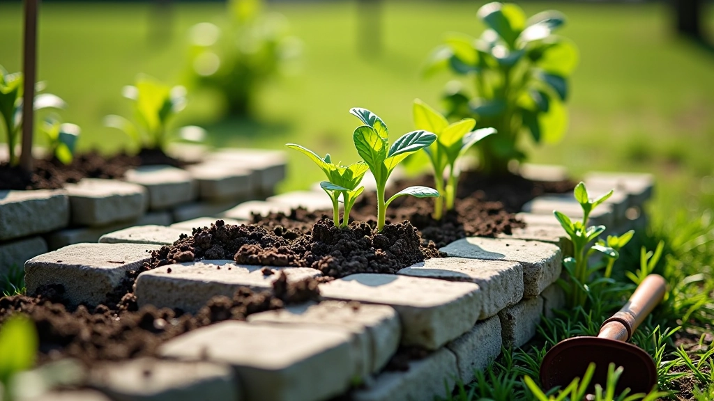 Raised garden beds made from natural stone with organic soil and young vegetable plants