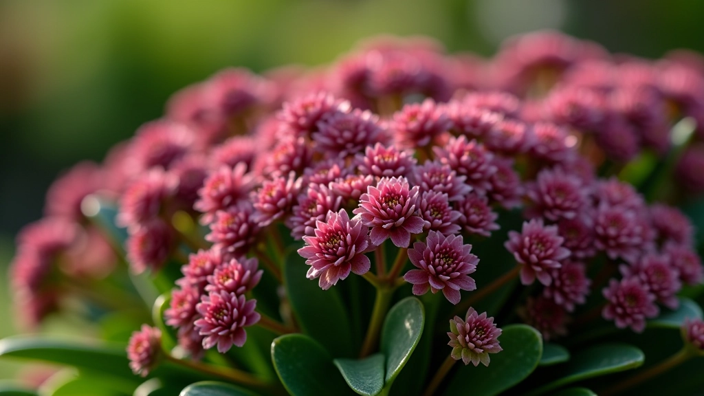 Close-up of purple sedum flowers with burgundy tones in late summer garden setting with green foliage
