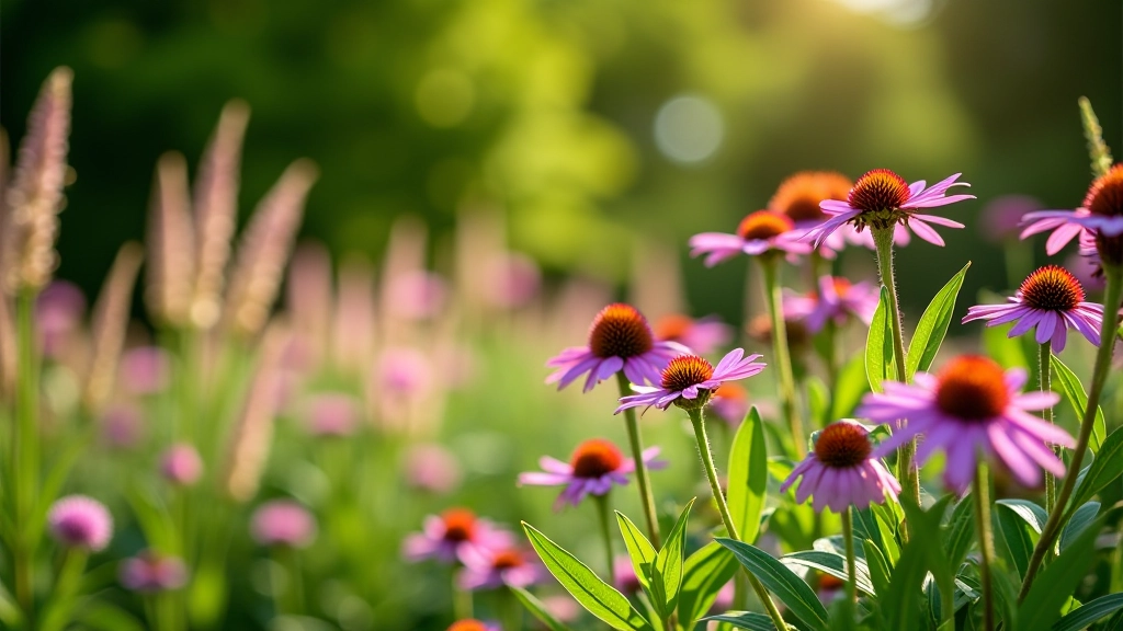 Summer perennial garden with purple coneflowers, pink phlox, and ornamental grasses in full bloom under bright sunlight