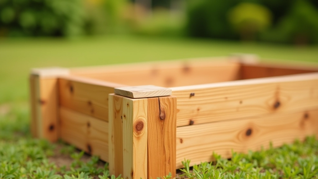 Close-up view of untreated cedar wood raised garden bed with soil visible, natural texture and grain detail
