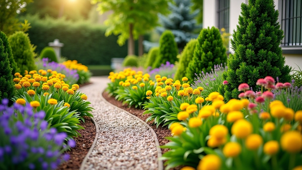 Lush perennial garden beds with seasonal flowers